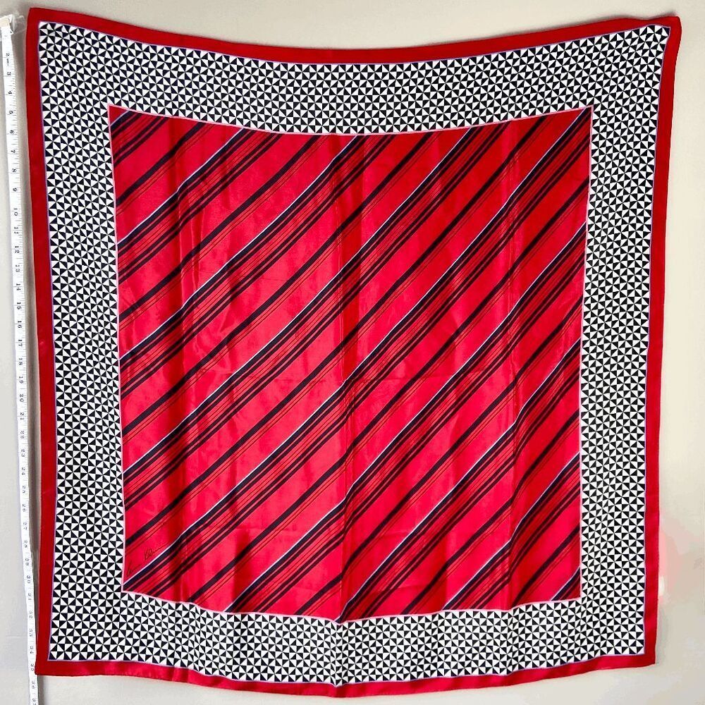 Vintage Anne Klein Extra Large Silk Scarf Red, Black, & White Geometric Houndsto
